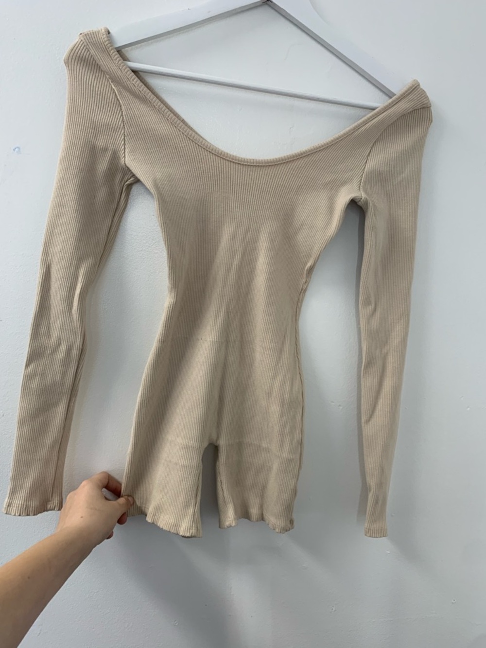 Ribbed Off-Shoulder Long Sleeve Top in Beige